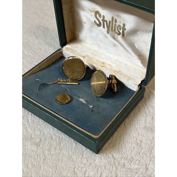 Stylist Vintage Lamode Gold Cuff Links & Tie Tack Set Original box - Picture 5 of 11